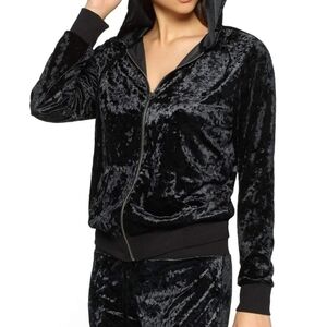 Felina Hoodie Crushed Velvet Zip Front Hooded Front Pouch Pockets Black M NWT